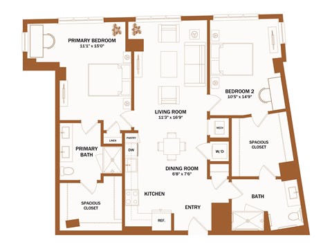 A brown floor plan of a house with a primary bedroom, two bedrooms, a living room, a dining room, a kitchen, a bathroom, a pantry, a spacious closet, and an entry.